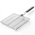 Stainless steel BBQ grill basket with folding wooden handle for outdoor grilling - PP Bag