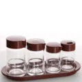 Transparent acrylic seasoning bottle set with reddish-brown lids and matching tray - Red Tray + 4 Bottle Set