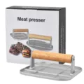 Durable heavy-duty metal meat presser for burger and steak with natural wooden handle - Silver Square