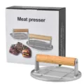 Alloy burger meat presser with ergonomic wooden handle and white branded packaging box - Silver Round