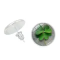 Elegant silver-colored stud earrings with a lucky green four-leaf clover gem cabochon. - Clover Style 10 (XSWX6018-10)