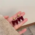 Red velvet bow stud earrings with gold bead accents for a chic vintage autumn look - Bow Knot with Ball Style (E3543) / Gold with Red