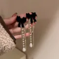 Elegant black velvet bow earrings with sparkling rhinestone chains and white pearls - Long Bowknot Rhinestone Artificial Pearl Tassel Style (E2689) / Black