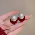 Elegant French style silver pearl stud earrings with dark red velvet circular base - Pearl Flocking Base Style (E2668) / Flocked Red Champagne