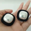 Large square pearl stud earrings with black velvet border finish - Black Flocked Square Pearl Style (E3638)