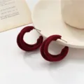 Burgundy red flocked velvet C-shaped hoop earrings for autumn and winter - C-Shaped Double Hoop Style (E0094) / Flocked Red