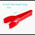 Macro view of 16cm red plastic food tongs for pastry and bread flat head detail - Flat Head Clip / 6 Inch / Red