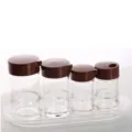 Clear acrylic condiment bottle set with brown lids on oval tray for restaurant kitchen - Transparent Tray + 4 Bottle Set