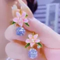 Elegant pink floral dangle earrings with sparkling round crystals for a gentle pastoral style - Five-petal Flower Dangle Earrings / Gold Pink