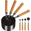 8-teiliges Messbecher- und Löffelset aus Edelstahl mit Holzgriffen zum Backen in der Küche - 8-teiliges schwarzes Messbecher-Set