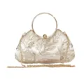 Vintage floral embroidered evening clutch bag with circular handle and gold chain strap - 22x8x13cm / Champagne