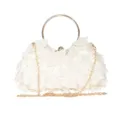 Elegant floral evening clutch bag with pearl accents, gold ring handle and chain strap. - Apricot