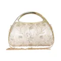 Elegant champagne evening bag with floral embroidery, metal handle and chain strap for women. - Champagne