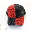 Close-up detail of the sparkling red and black rhinestone baseball cap showcasing rhinestones. - Adult 55-59cm / Red