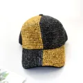 Close up view of the glamorous gold and black rhinestone embellished baseball cap detail - Adult 55-59cm / Yellow