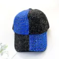 Close-up of black and blue rhinestone baseball cap, glittering crystal details and stitching. - Adult 55-59cm / Blue