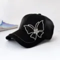 Black rhinestone butterfly decorated baseball cap with chain trim, fashionable streetwear sun hat. - Adult Adjustable 55-59cm / Butterfly Pattern Black