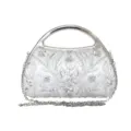 Elegant white floral embroidered evening bag with shiny handle and chain for women weddings. - Silver