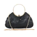 Elegant black floral embroidered evening clutch bag with gold ring handle and chain strap - 22x8x13cm / Black