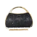 Elegant black evening bag with gold handle and beaded floral embroidery for women. - Black