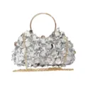 Silver Sequin Flower Evening Bag with Gold Ring Handle and Detachable Chain Strap Party - Silver