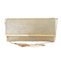 Gold rhinestone evening clutch bag with metal bar trim and chain strap for party. - Gold