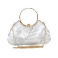 Elegant white evening clutch with floral embroidery and gold ring handle - 22x8x13cm / Silver