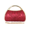 Red floral embroidered evening clutch bag with gold rigid top handle and chain strap. - Burgundy