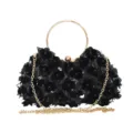 Black sequin flower evening clutch bag with gold round handle and chain strap for party dress - Black