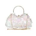 Elegant sequin floral evening bag with round metal handle and gold chain for women. - Colorful and White