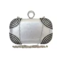 Elegant silver rhinestone evening clutch bag with black stripe accents and ring clasp. - Silver