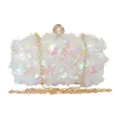 White sequin evening clutch bag with iridescent flower pearls and gold chain strap for party. - Length 19cm* width 5cm* height 10cm / Colorful and White