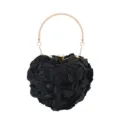 Luxurious black heart-shaped evening bag featuring 3D rose petals and gold handle - 16cm(L)*8.5cm(W)*16cm(H) / Black