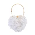 Elegant white 3D floral heart-shaped evening bag with a circular golden metal handle. - 16cm(L)*8.5cm(W)*16cm(H) / White