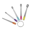 Set of 5 stainless steel measuring spoons with colorful silicone handles and a ring - Multicolor 5-Piece Mini Measuring Spoon Set