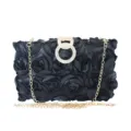 Elegant black floral evening clutch bag with gold chain and rhinestone clasp for wedding - L20cm*W4cm*H12cm / Black