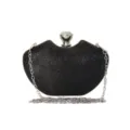 Black glitter lip-shaped evening clutch bag with silver chain strap and crystal clasp. - Black