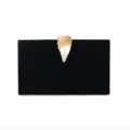 Elegant black velvet evening clutch with a golden leaf metal clasp for banquet dress - Velvet / Black