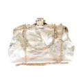 Vintage embroidered evening clutch bag with golden chain strap and floral buckle - 22cmx9cmx13cm / Champagne