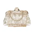 Elegant vintage champagne embroidered evening clutch bag with bamboo handle and chain - 22cmx9cmx13cm / Champagne