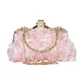 Pink 3D floral evening bag with bamboo handle and detachable gold chain strap. - 23cmx6cmx13cm / Pink