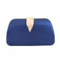 Elegant blue satin evening clutch bag with gold leaf clasp for women party dress accessorizing - Dark Blue