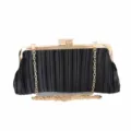 Black pleated evening clutch bag with gold metal frame, rhinestone clasp and chain strap. - L 24cm * W 4cm * H 12cm / Black