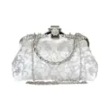 White vintage embroidered clutch bag with floral jewel clasp and bamboo style handle - 22cmx9cmx13cm / Silver