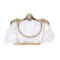 Elegant white 3D floral banquet clutch with bamboo handle and removable gold chain strap - 23cmx6cmx13cm / White