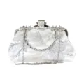 Elegant white embroidered evening clutch bag with bamboo handle and chain strap - 22cmx9cmx13cm / Silver