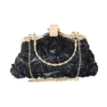 Elegant black 3D rose evening clutch bag with bamboo handle and gold chain strap - 23cmx6cmx13cm / Black
