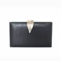 Elegant black evening clutch bag with shimmering texture and gold leaf metal clasp - 818 Black / Black