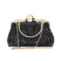 Vintage black embroidered evening clutch bag featuring a golden bamboo handle and chain - 22cmx9cmx13cm / Black