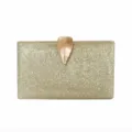Elegant gold glitter evening clutch bag with a decorative metal leaf clasp for parties. - Iridescent Gold